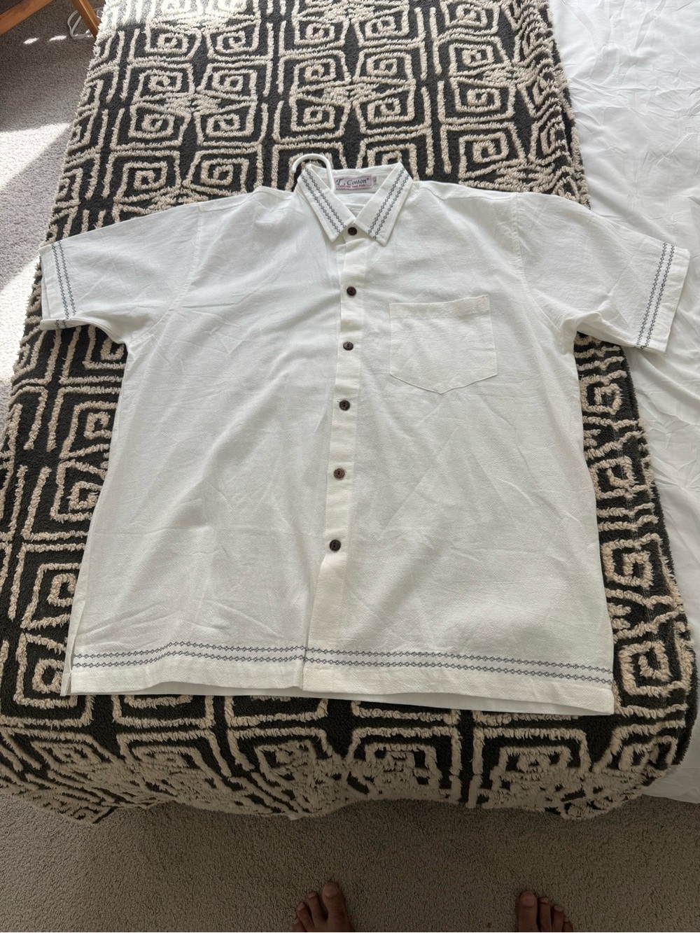 Men's White Short-Sleeve Button-Down Shirt with Contrast Stitching